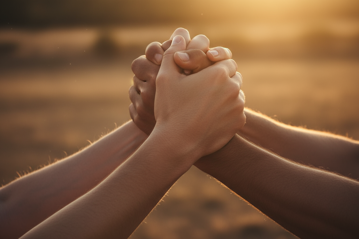 a symbolic photo of hands clasped in unity / standing shoulder to shoulder.
