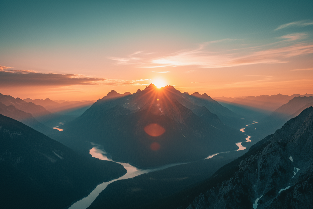 sunrise over mountains, symbolic of a new chapter.
Subtle orange/teal gradient overlay.