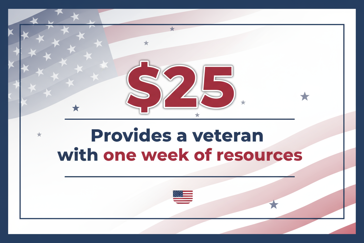 text image - $25 Provides a veteran with one week of resources