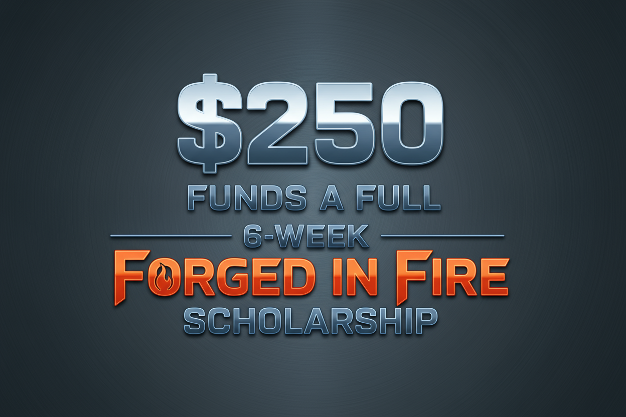 text image - $250 Funds a full 6-week Forged in Fire scholarship.