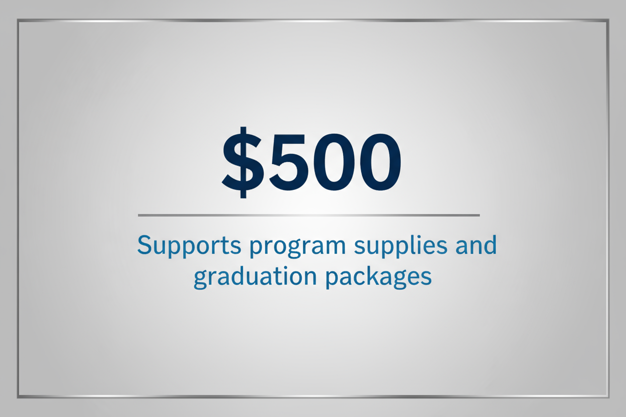 text image - $500 Supports program supplies and graduation packages.