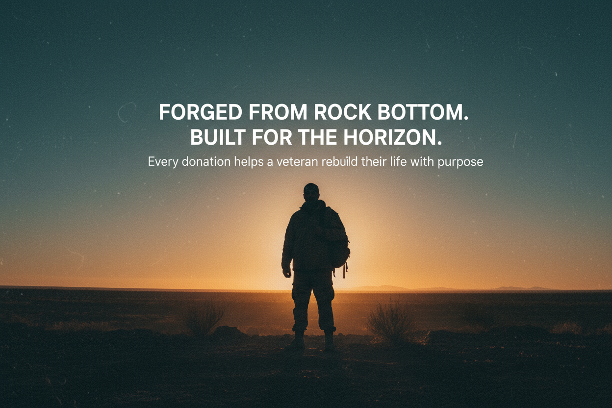 Use a gritty, high-contrast image of a veteran silhouetted against a sunrise or horizon (muted orange/teal overlay).

Overlay text centered:

“Forged from rock bottom. Built for the horizon.”
Every donation helps a veteran rebuild their life with purpose.